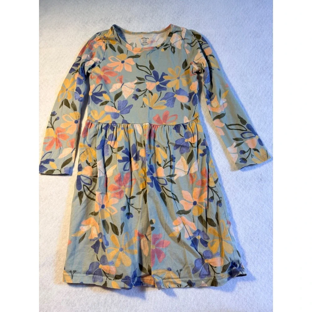 Carters Kid Girls Floral Long Sleeve Cotton Jersey Dress Sage Green Size 7 7A